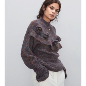 ZARA Mock Neck Ruffle Flower Knit Sweater Women's Size Medium